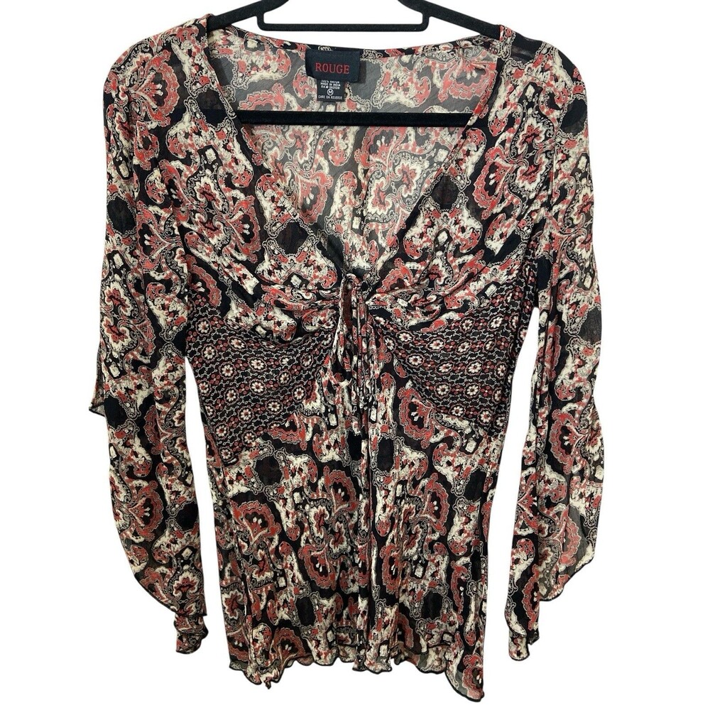Rouge Boho Paisley‎ Print Tie Front Long Sleeve Blouse Top Women’s Size M Y2K